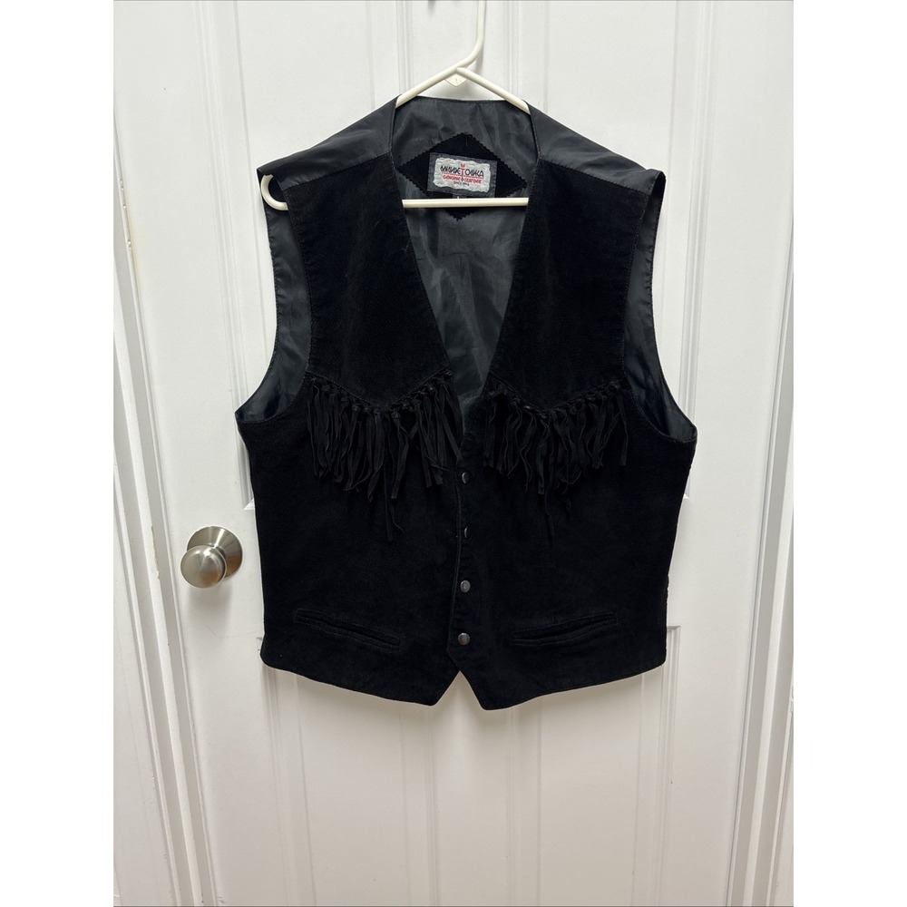 Vintage Minnetonka Black Fringe Genuine Leather Vest‎ Size Large